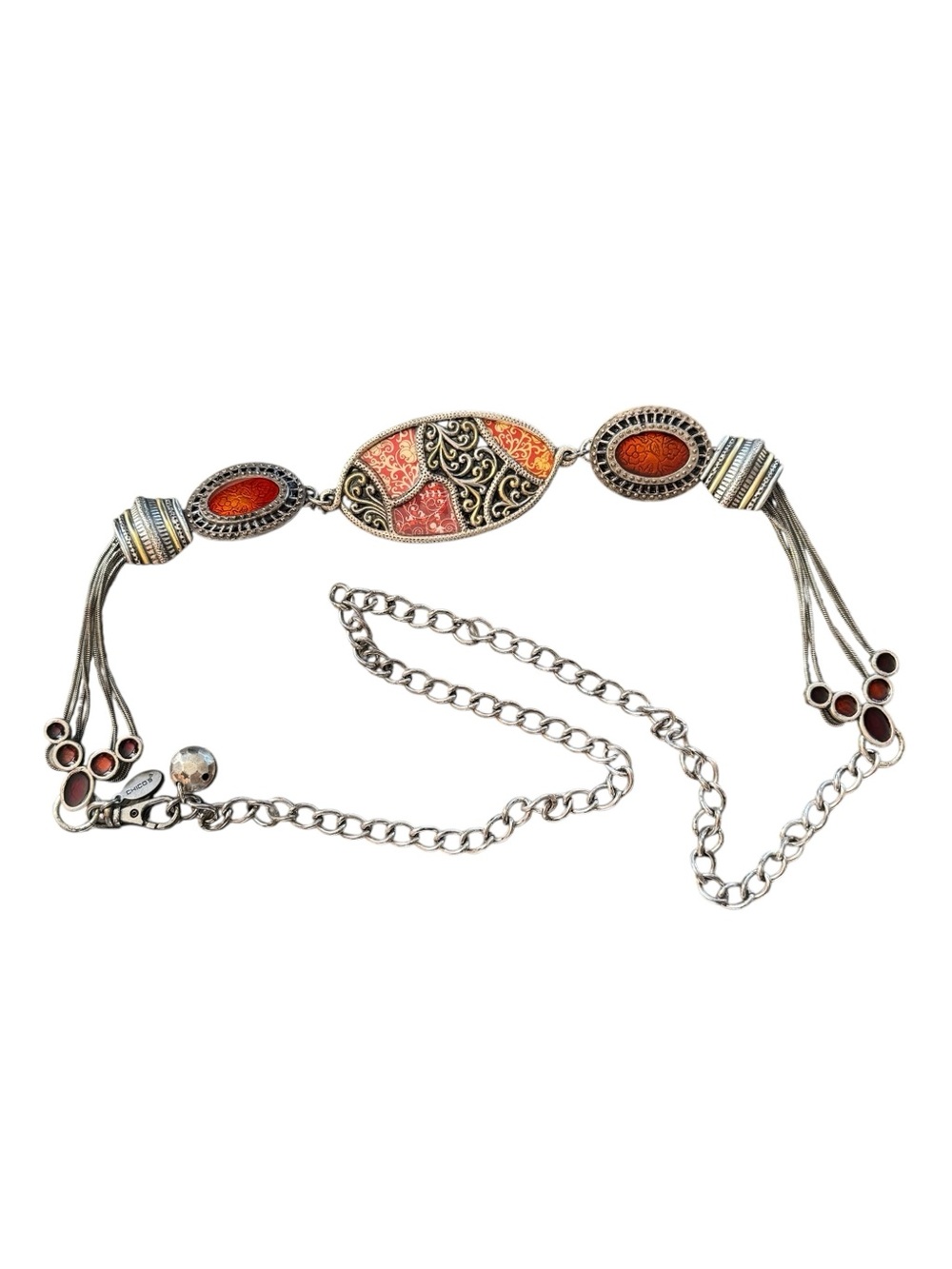 Vtg Chicos Silver Toned Chain Belt Orange Enamel Boho Festival Up To 50” Waist